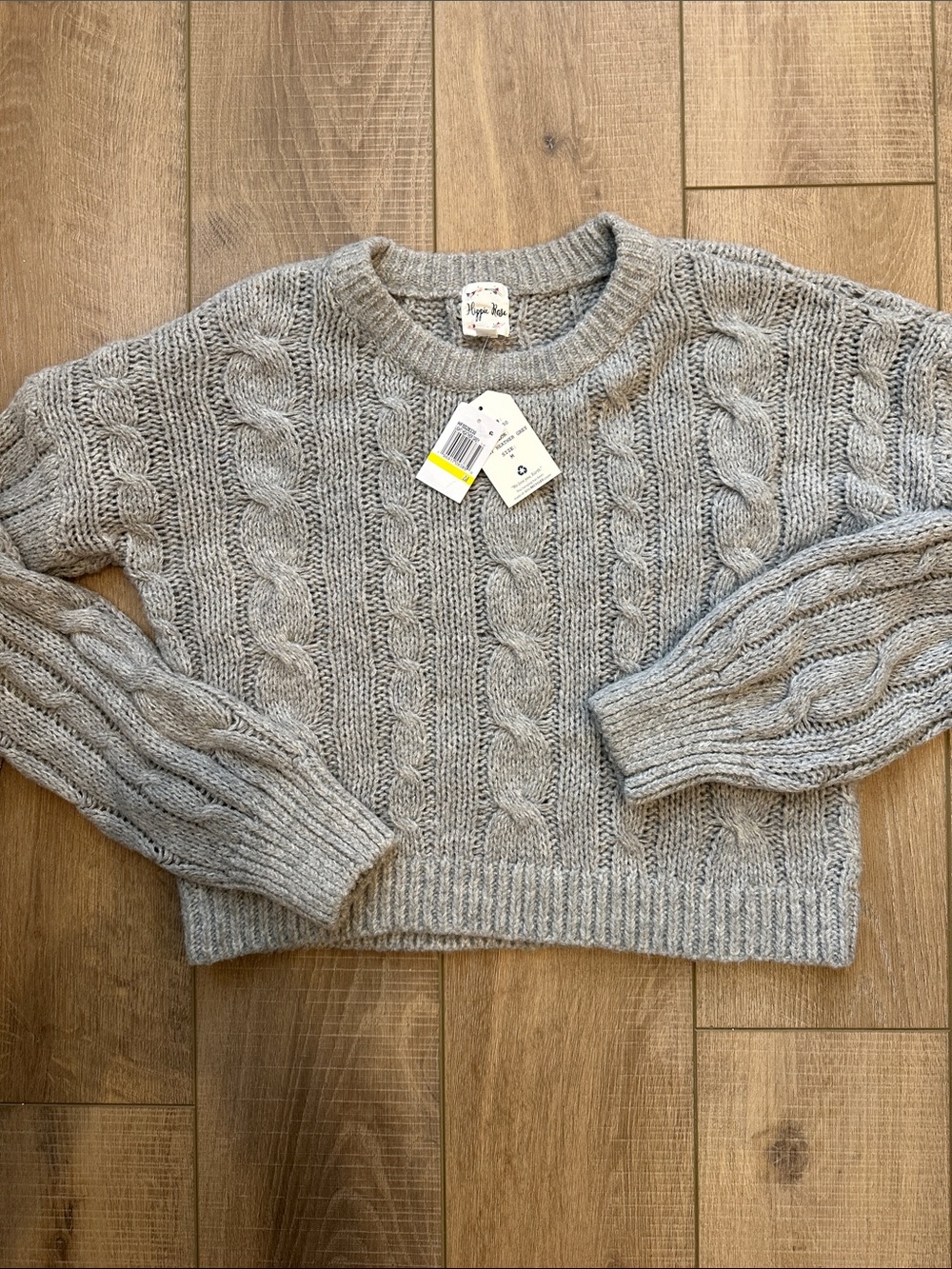 Hippie Rose Light Gray Cable-Knit Crewneck Sweater